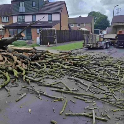 Emergency tree removal with a crane: a large, felled tree trunk section being lowered carefully over a residential home in a suburban neighborhood.